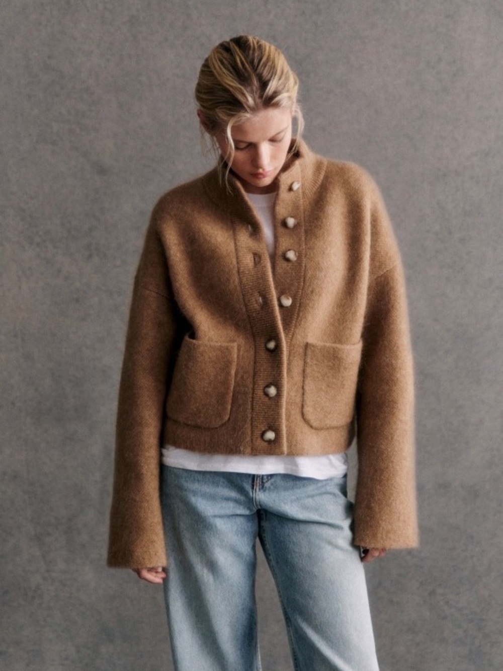 Sézane Camel Mohair Wool Blend Button-Front Sweater Thais Jacket - Picture 3 of 5